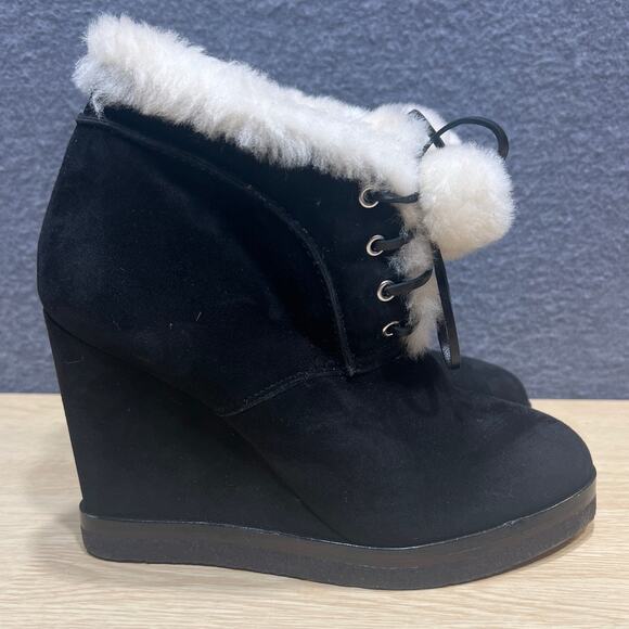 Michael Kors Chadwick Shearling Trim Chukka Wedge Heel Boots Black See Pics - Picture 1 of 11